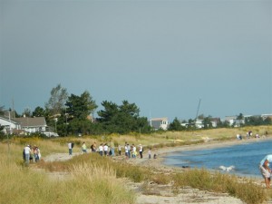 Volunteers picking up debris off the beach.